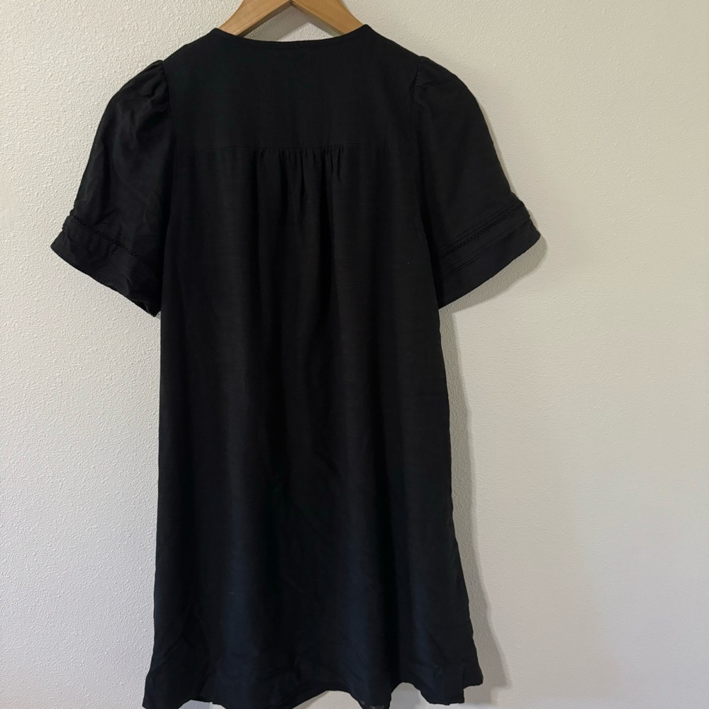Madewell Pleated Button-Front Shift Dress Black Cotton Viscose Lace Eyelet-XS - Picture 3 of 10